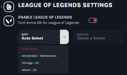 Arrive League Settings
